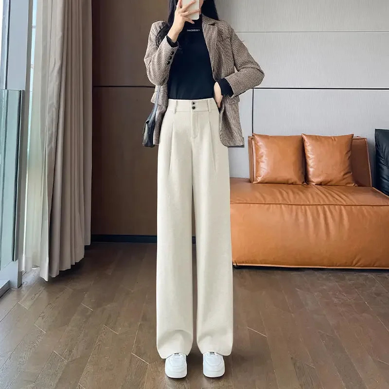 Maid Office Autumn Winter Work Custom Womens Dress Pants Coarse tweed Wide Legs Waist Aesthetic Trend 2024 Harajuku 241202