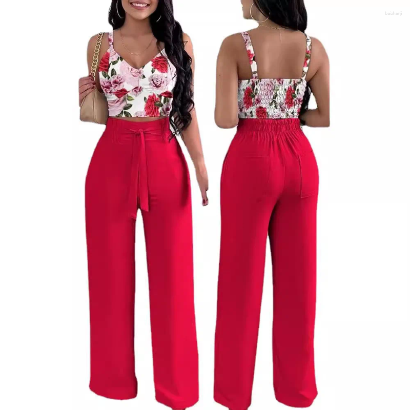 Womens Two Piece Pants 2 Clothes For Women Summer Sexy Sleeveless Polyester Print Top Pant Matching Sets Outfits C