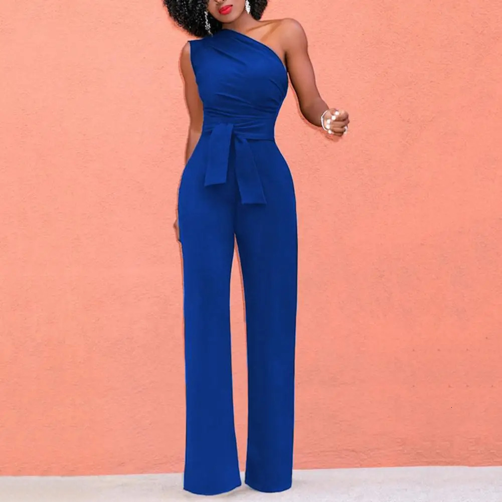 Sexy One Shoulder Rompers Jumpsuit Summer Sleeveless Belt Wide Leg Elegant Lady Size Bodycon Jumpsuits White Black 241120