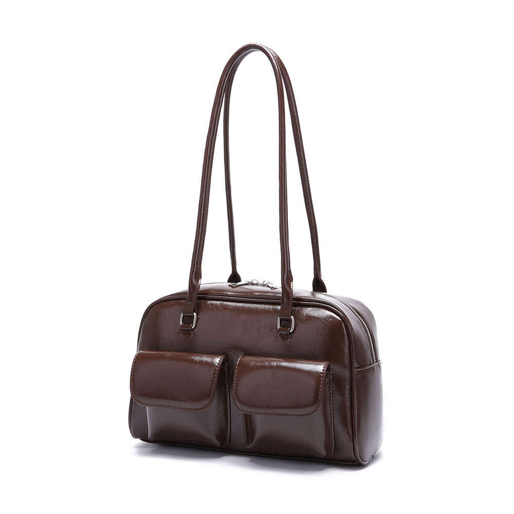 Korean Women's Retro Single Shoulder Hand-Held Armpit Oil Wax Leather Bag, Double Bag Casual B2