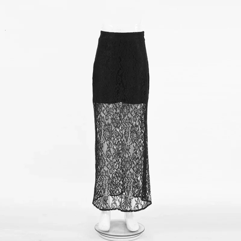 Talenza Black Lace Perspective Skirt Womens Sexy Seam Patchwork Skirt Fashionable Casual Loose High Waist Miao Street Long Dress 241202