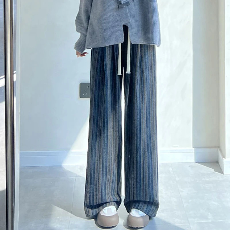 Womens wool striped pants autumn retro fashion wide leg mop Trouser loose full matching womens casual daily fashion 241202