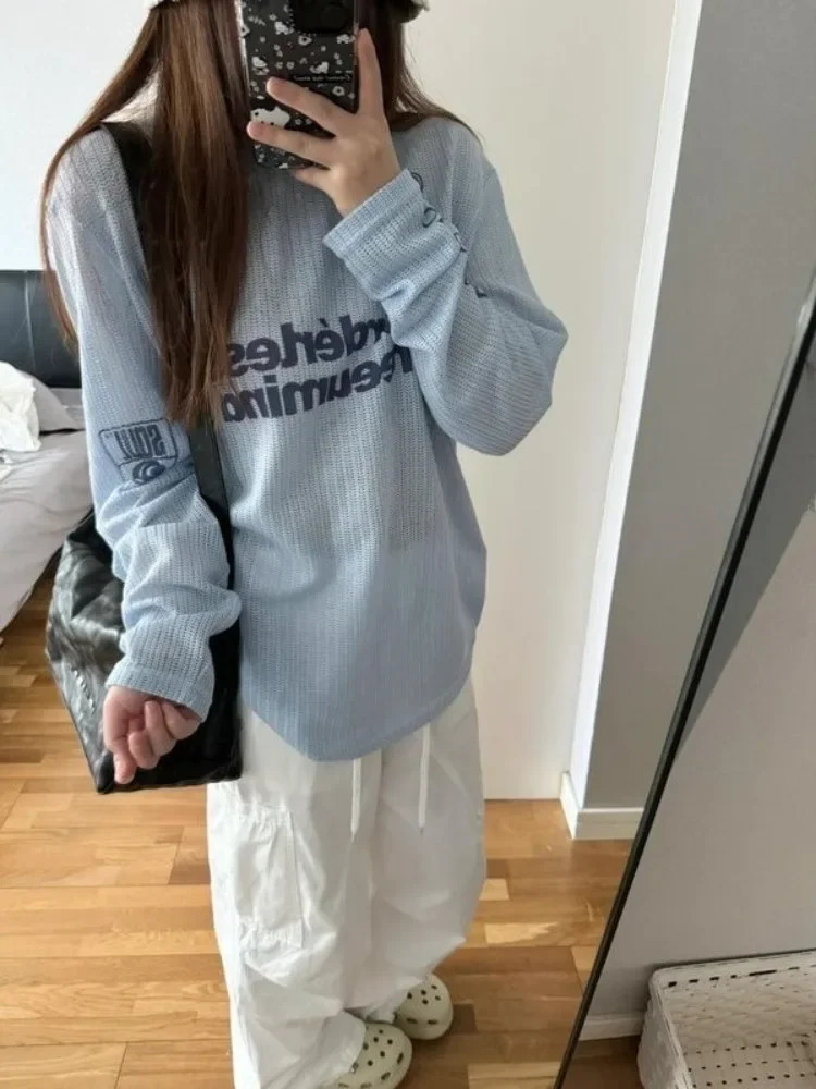 HOUZHOU Y2K Kpop Large Womens T-shirt Hollow Harajuku Sexy Gyaru Street Clothing Long Sleeve Knitted Top Korean Fashion Casual 241202