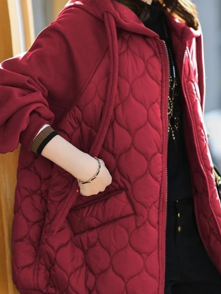 Autumn Korean Hooded Spliced Down Cotton Coat Thick Warm Puffer Jacket Female Loose Padded Overcoat Quilted Parka 241120