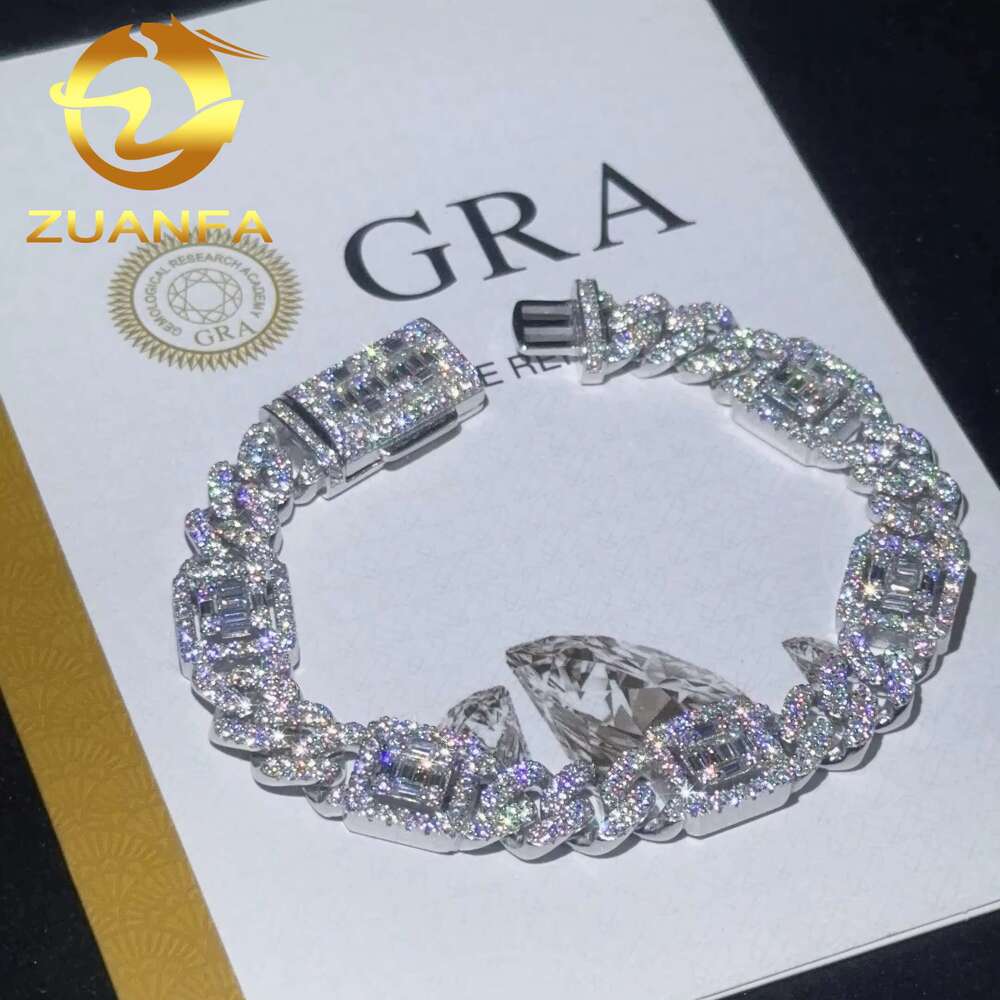 Zuanfa Jewelry Hip Hop Chain Gold Plated VVS Moissanite Baguette 12Mm Cuban K Bracelet Sier Men Bracelet
