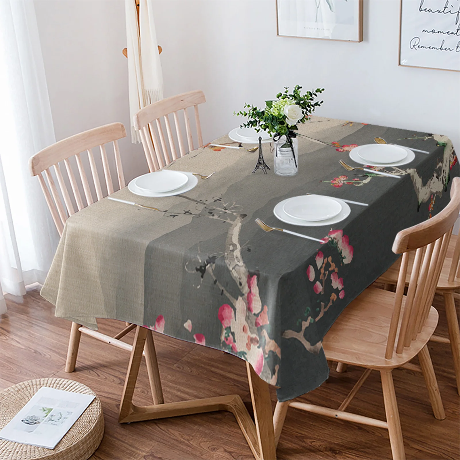 Chinese Painting Plum Blossom Landscape Waterproof Tablecloth Party Decorations Rectangle Table Cloth Kitchen Table Decor 36