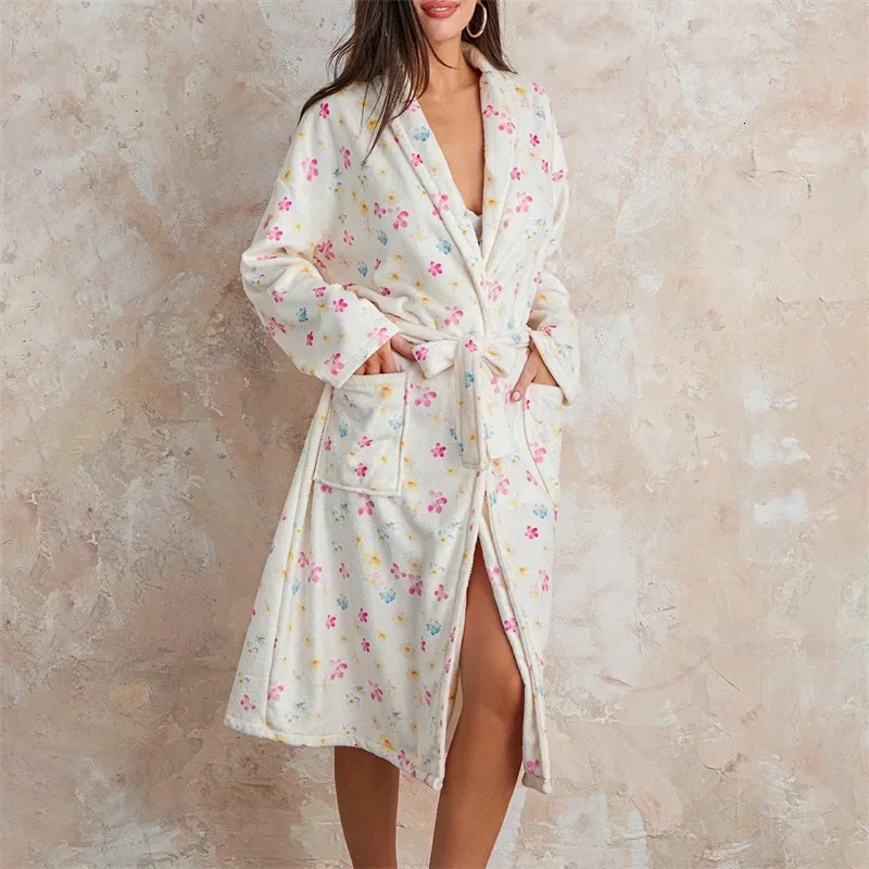 Women Flannel Robe Home Sleepwear Floral Print Shawl Collar Bathrobe Kimono Robe with Belt Winter Warm Pajamas Clothes 241202