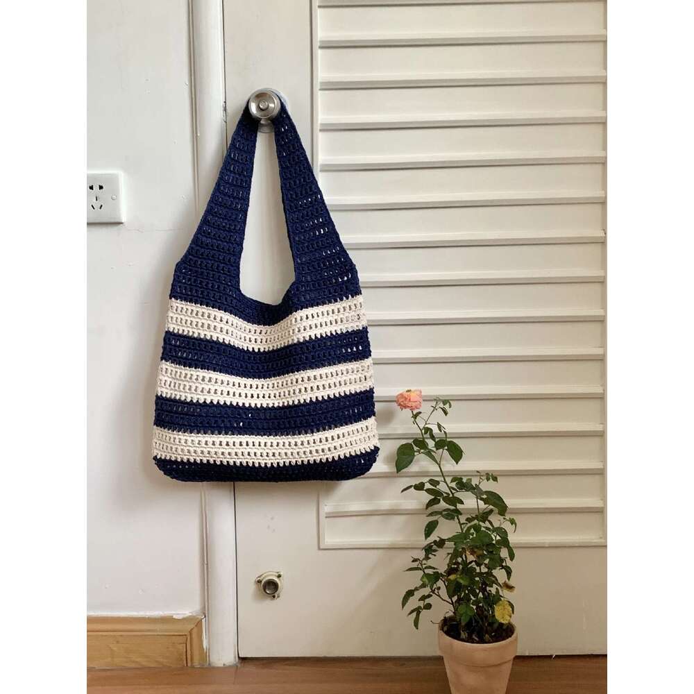 Ladies' Woven With Niche Design, Striped Knitted Bag, Simple Hollow Out Hand-Held Shoulder Bag B1