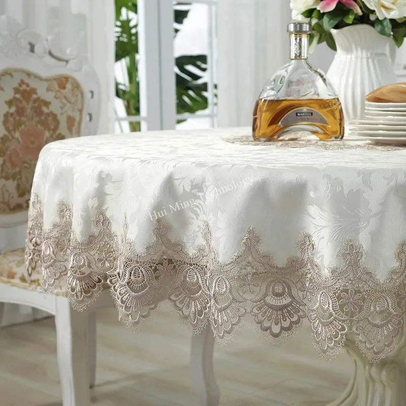 Table Cloth Round Table Cover Dining Tablecloth Brown Europe Fabric Circle Lace Jacquard Household Restaurant Home Decoration 26