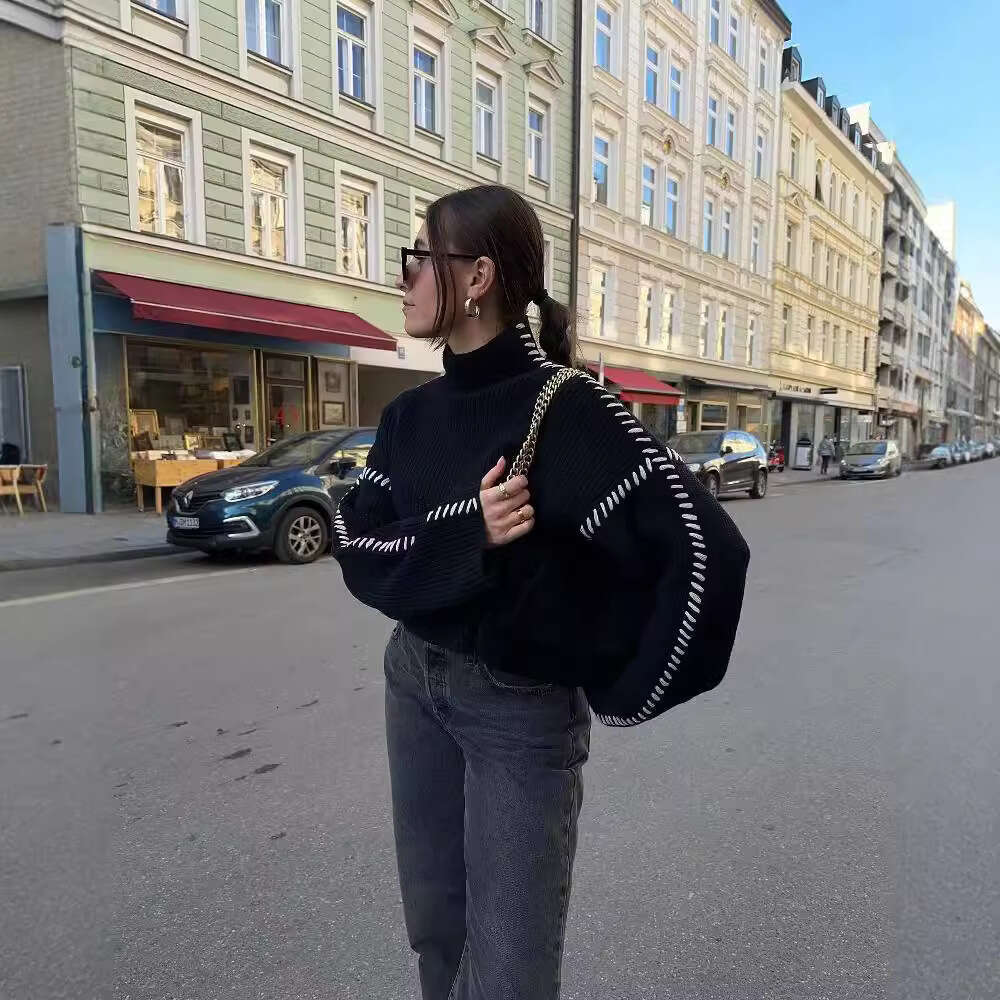 autumn winter products European and American women's street fashion high neck contrasting pullover sweater W091 2198 2024 temperament versatile n