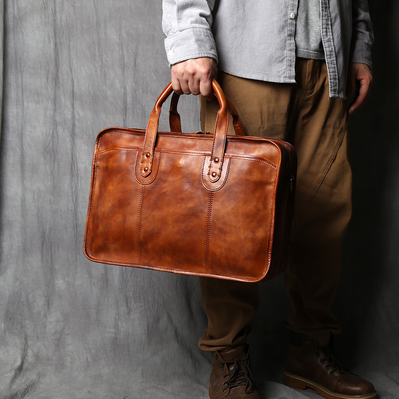 NZPJ Retro Men's Briefcase Top Layer Cowhide Handbag Travel Handmade Leather Laptop Business Shoulder Crossbody Bag