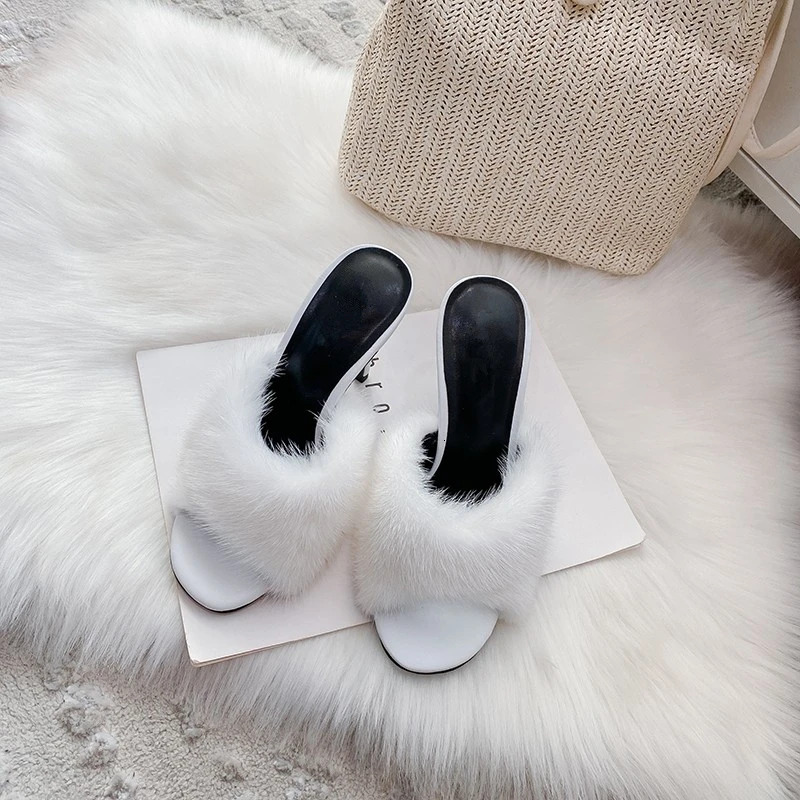 Mink Fur High Heels Women, Slim Heels, Summer New Style, Open Toe Slippers, Sexy Fish Mouth Leather Party Sandals For Women