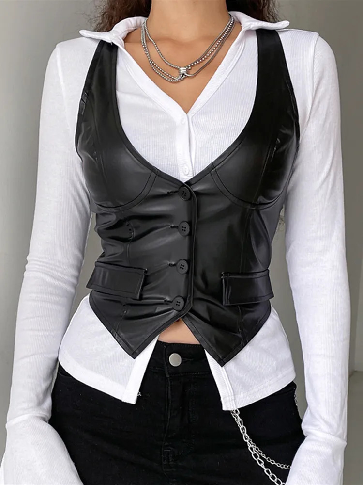 Women PU Leather Button Down Crop Blazer Vest Halter Dressy Punk Corset Top VNeck Sleeveless Y2K Waistcoat Jacket Coat 241121