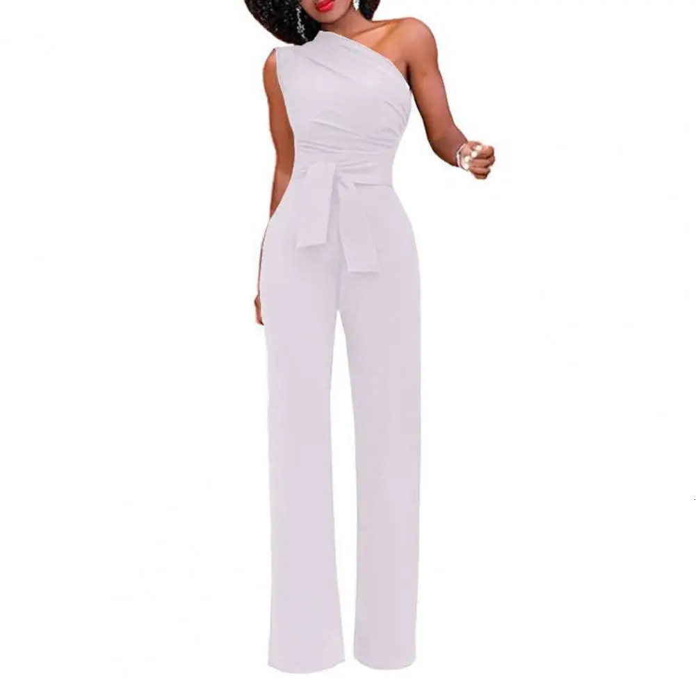 Sexy One Shoulder Rompers Jumpsuit Summer Sleeveless Belt Wide Leg Elegant Lady Size Bodycon Jumpsuits White Black 241120