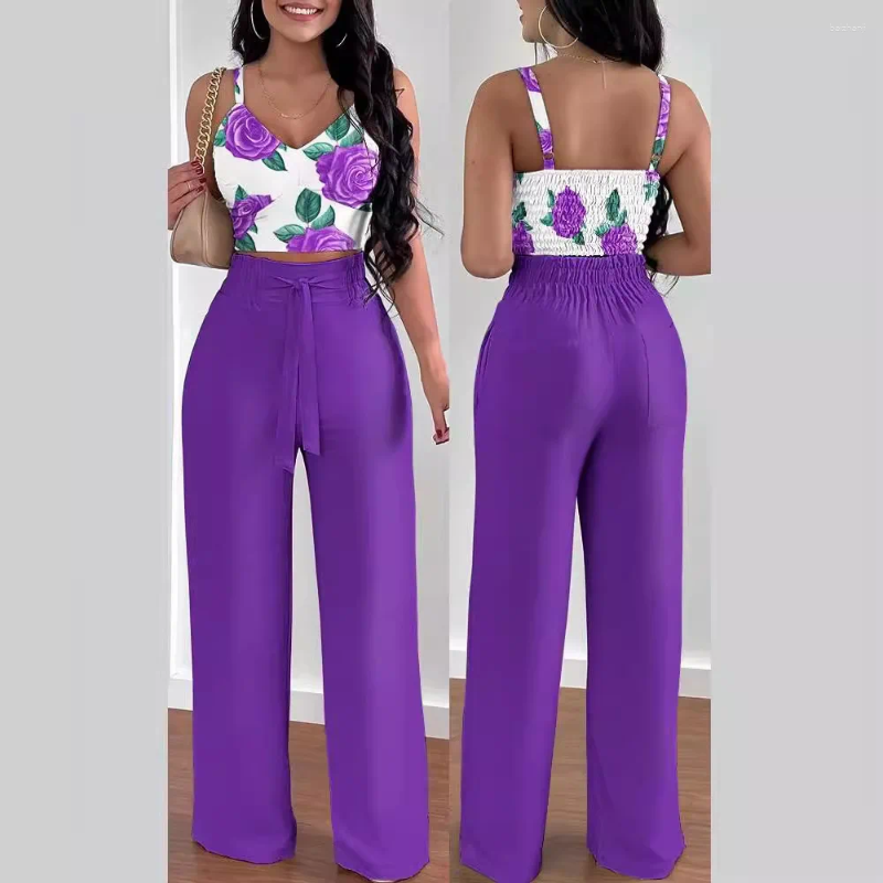 Womens Two Piece Pants 2 Clothes For Women Summer Sexy Sleeveless Polyester Print Top Pant Matching Sets Outfits C