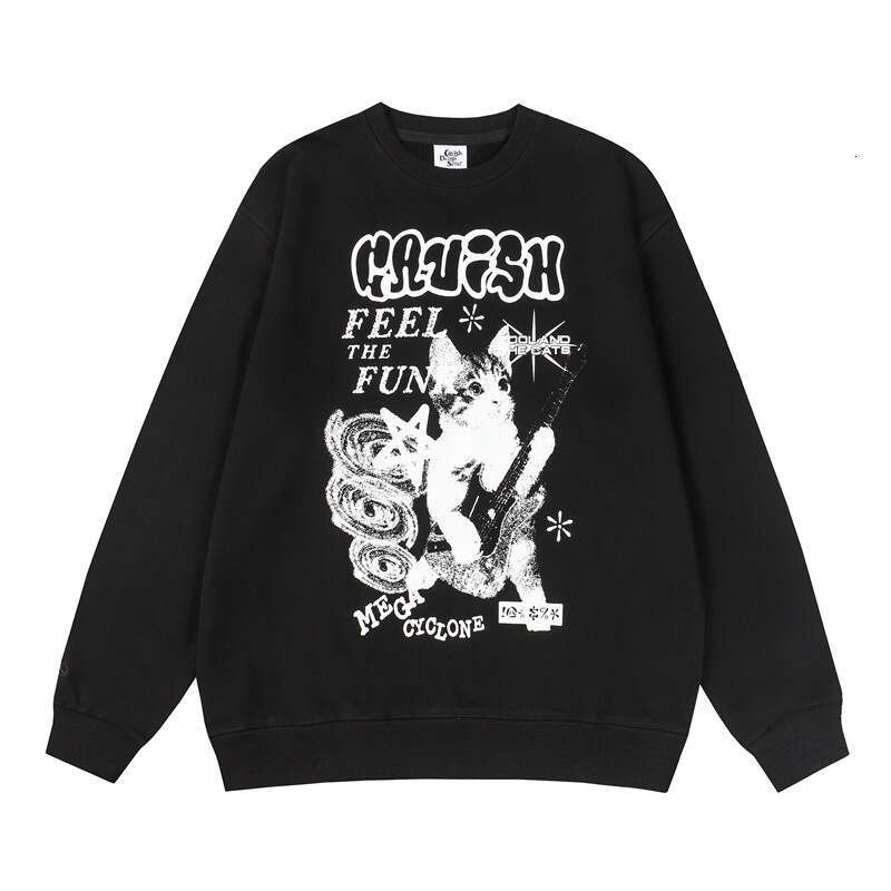 2024 Autumn/Winter Korean Sweet Cool Style Cat Guitar 3D Printed Men's and Women's Round Neck Casual Hoodie