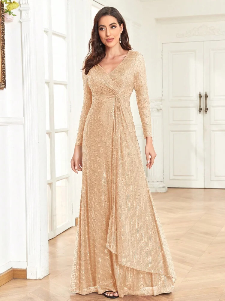 BLUEPLUM Gold Floor Length V-Neck Evening Dress Women Elegant Party Maxi Dress Sequin Long Sleeves Prom Cocktail Dress Go 241202 - view 4