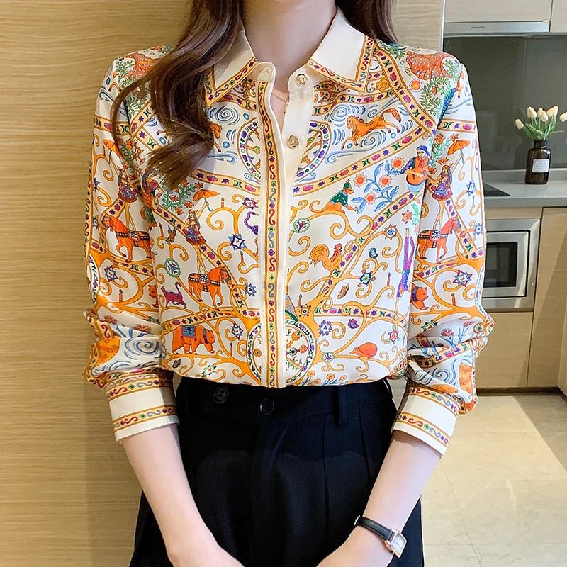 Fashion flower print ladies shirts Womens Blouses Spring Autumn Long Sleeve Shirts Tops Blusas Mujer 241202