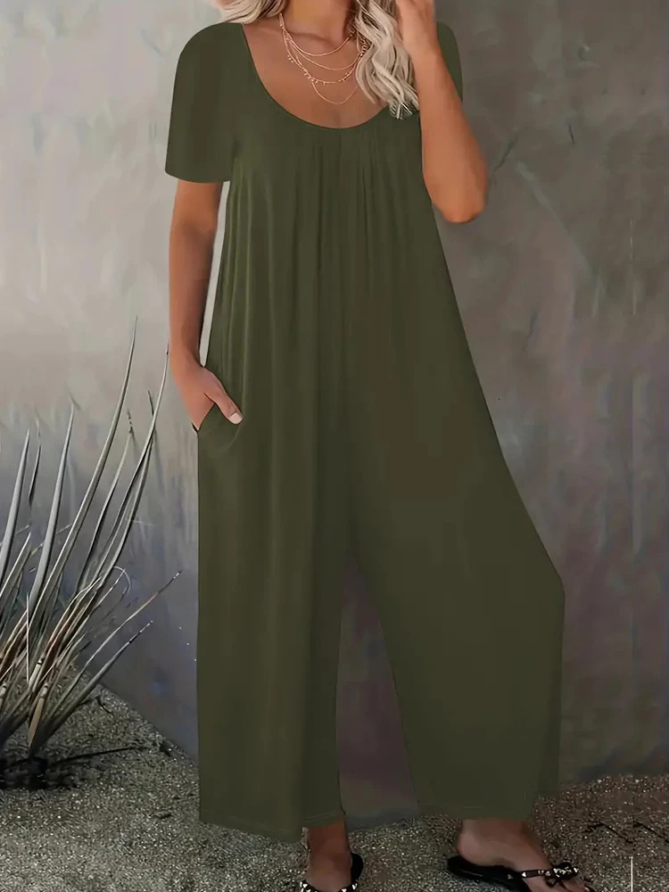 Summer Chic Solid Color Casual Jumpsuit Crew Neck Short Sleeve Wide Leg Long Pant with Pockets Versatile Outfit Womens Clothing 241120