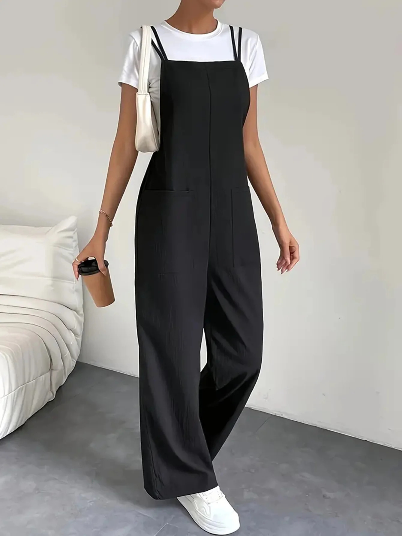 Fashion casual womens pure black jumpsuit pants with pockets shoulder straps thin straight leg workwear wide 241120