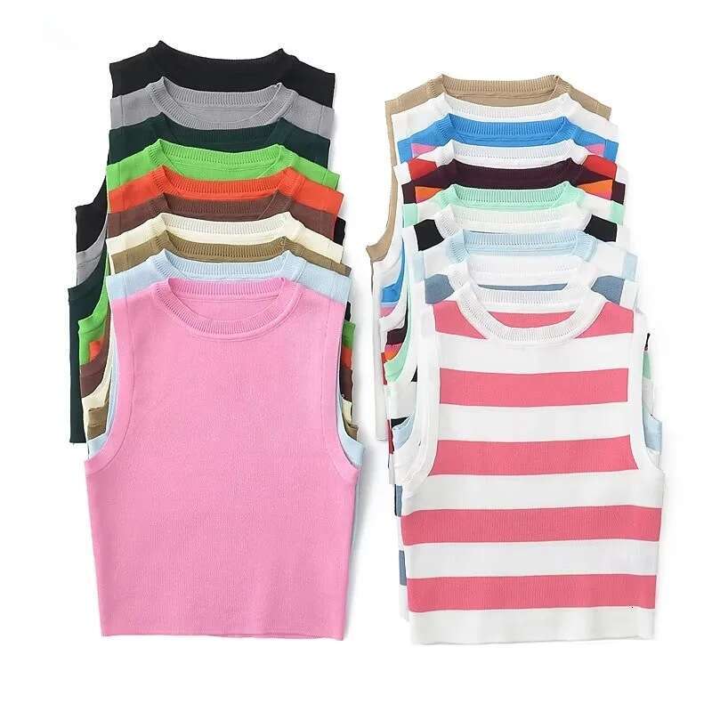 Summer European and American Style Sleeveless Elastic Short Knitted Tank Top for Women C83614 2024 Versatile New Trendy Clothing Ins