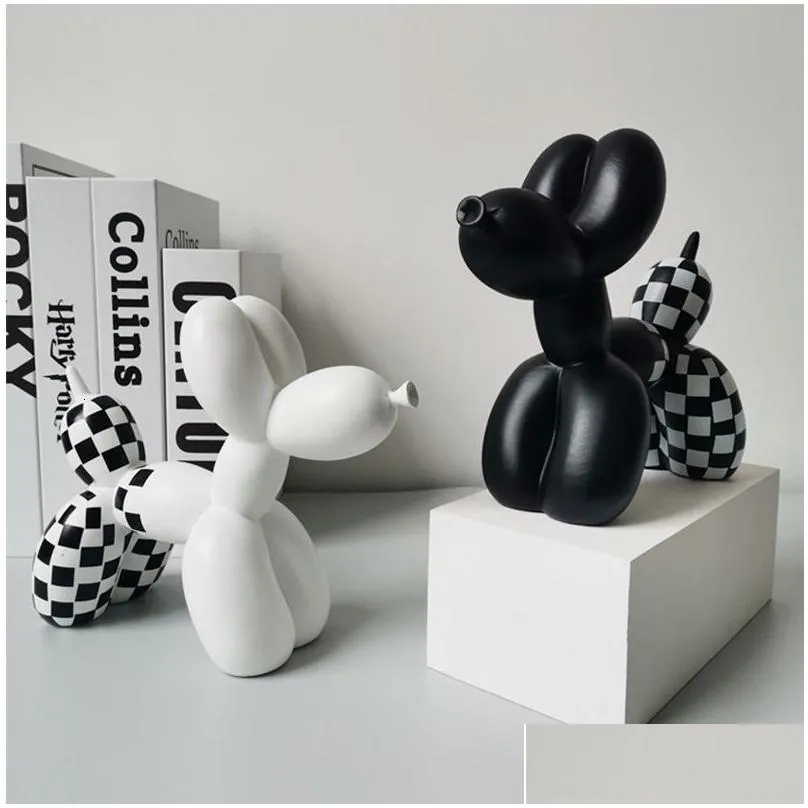 Decorative Objects Figurines Nordic Checkerboard Balloon Dog Scpture Statue Resin Modern Home Living Room Decoration Kawaii Decor Dh9Ry