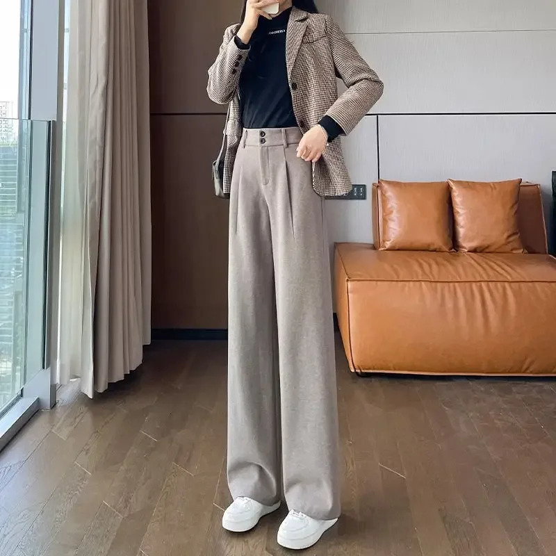 Maid Office Autumn Winter Work Custom Womens Dress Pants Coarse tweed Wide Legs Waist Aesthetic Trend 2024 Harajuku 241202