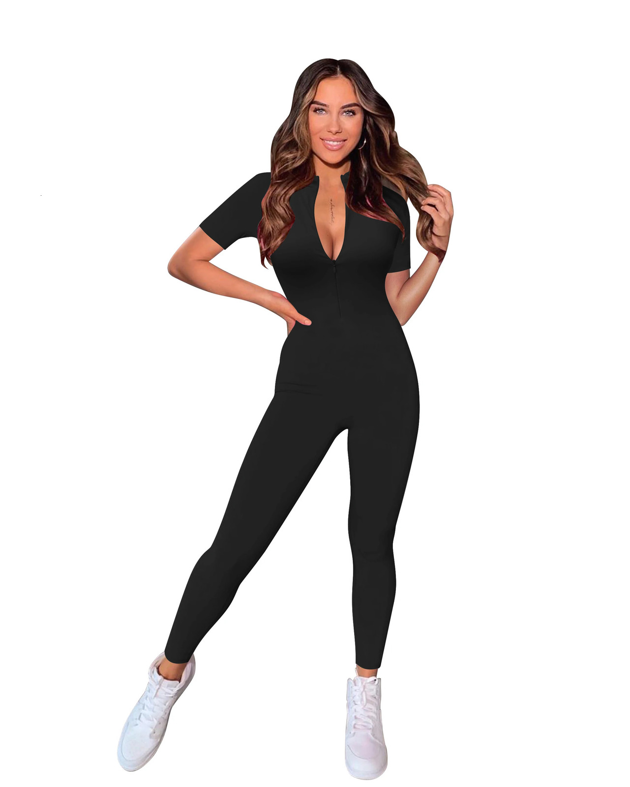 Autumn and Winter Short Sleeve V Neck Bodycon Jumpsuit Full Lengt Romper Jumpsuits 241120
