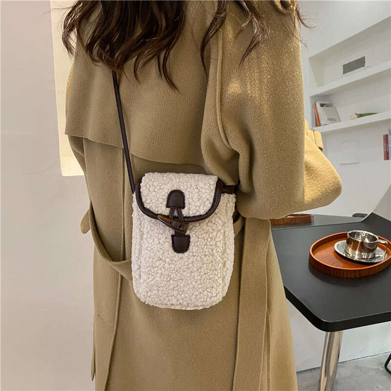 New Fur Phone Contrasting Color, Simple Stylish Single Shoulder Crossbody Small Bag, Women's Autumn And Winter Retro Lamb Fleece Bag B2