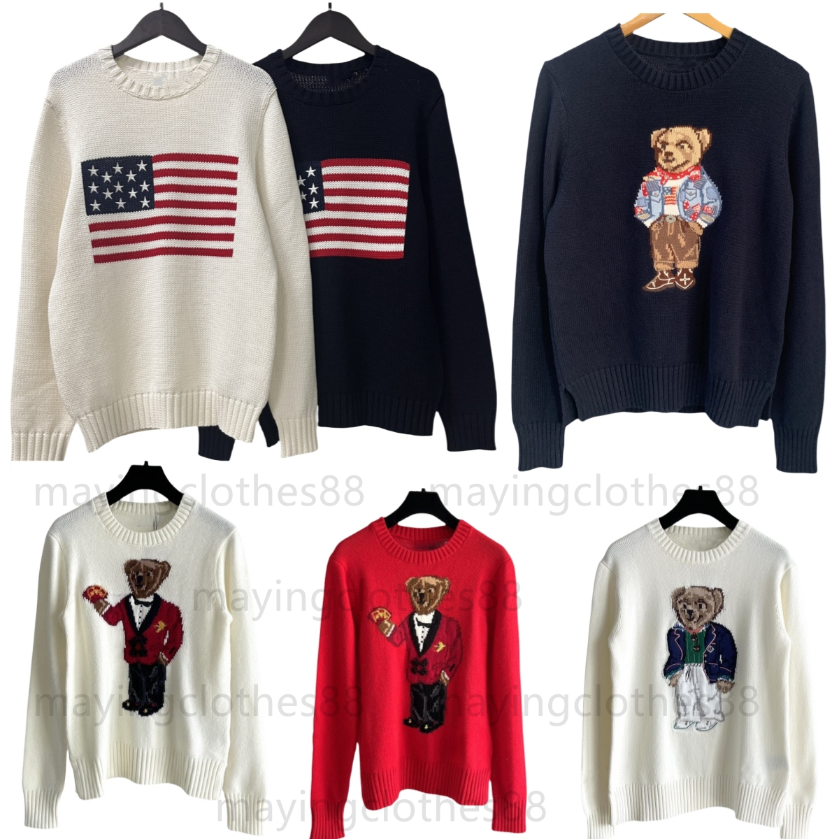 High Qaulity Designer Bear USA flag ly sweater Mens Jumpers Sweaters Knitted Cotton Pullover Winter Long Sleeve Sweater