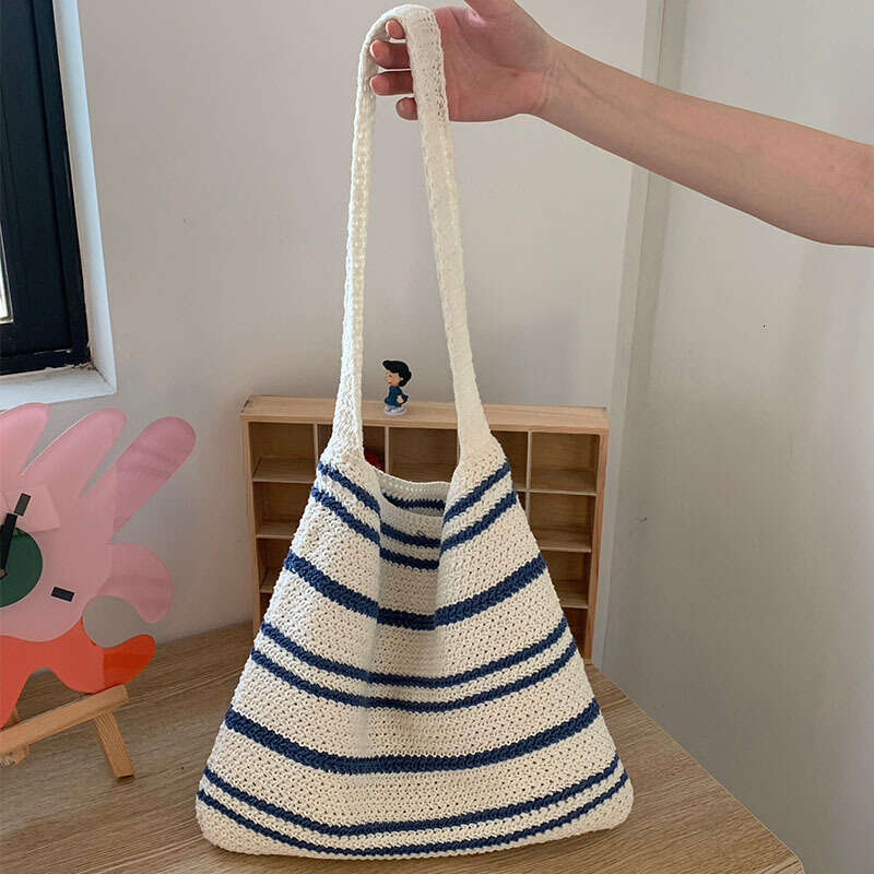 Japanese And Korean Simple Cross-Border Knitted Striped Woven Bag Women's High-End Niche Versatile Yarn Shoulder Bags B1