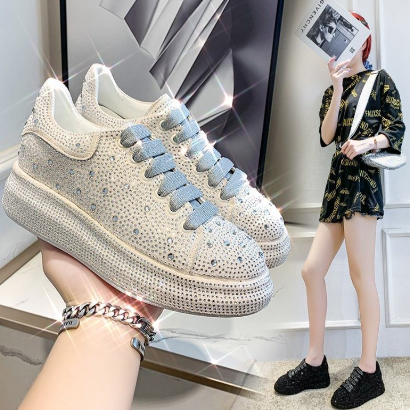 Autumn Spring Women Platform Rhies Thick-Soled White Sier Shoes Shining Crystal Trend Casual Sneakers
