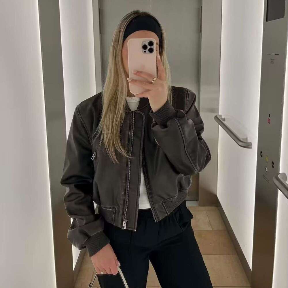 PU street short style slim fit autumn stand up collar motorcycle pilot leather jacket 6 2024 new casual versatile fashion clothing