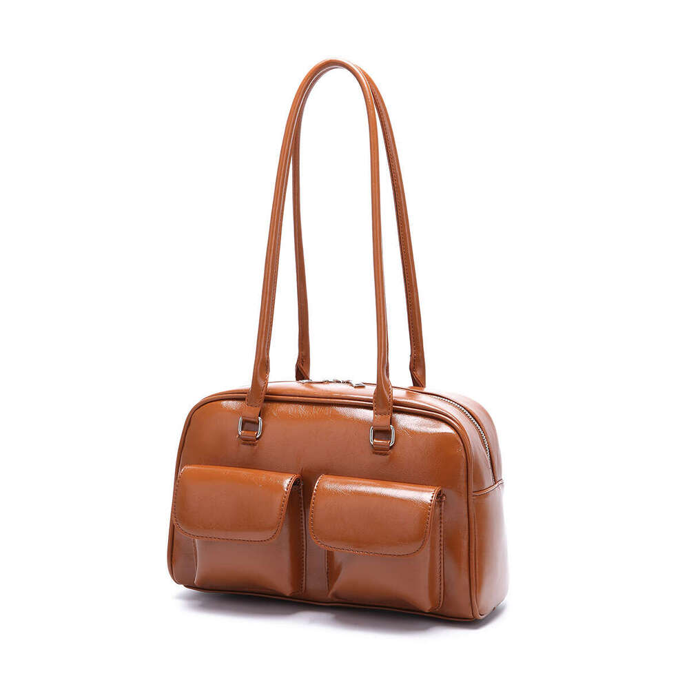 Korean Women's Retro Single Shoulder Hand-Held Armpit Oil Wax Leather Bag, Double Bag Casual