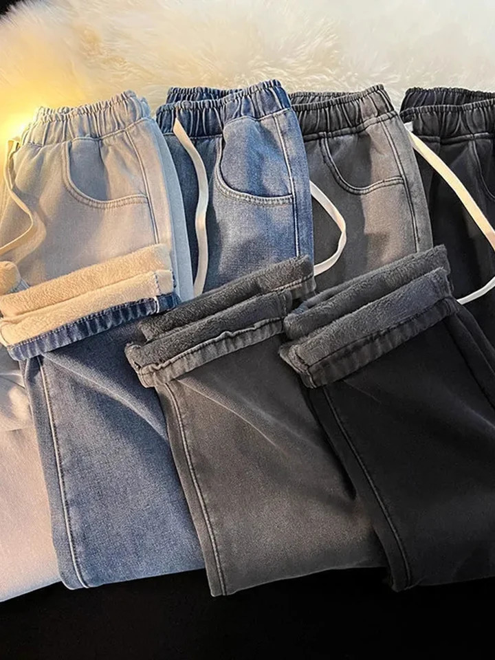Thicken Warm Velvet Lined Wide Leg Jean Fashion High Waist Washing Vaqueros Fall Winter Classic Snow Wear Women Denim Pants 241121