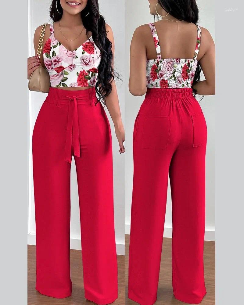 Womens Two Piece Pants 2 Clothes For Women Summer Sexy Sleeveless Polyester Print Top Pant Matching Sets Outfits C