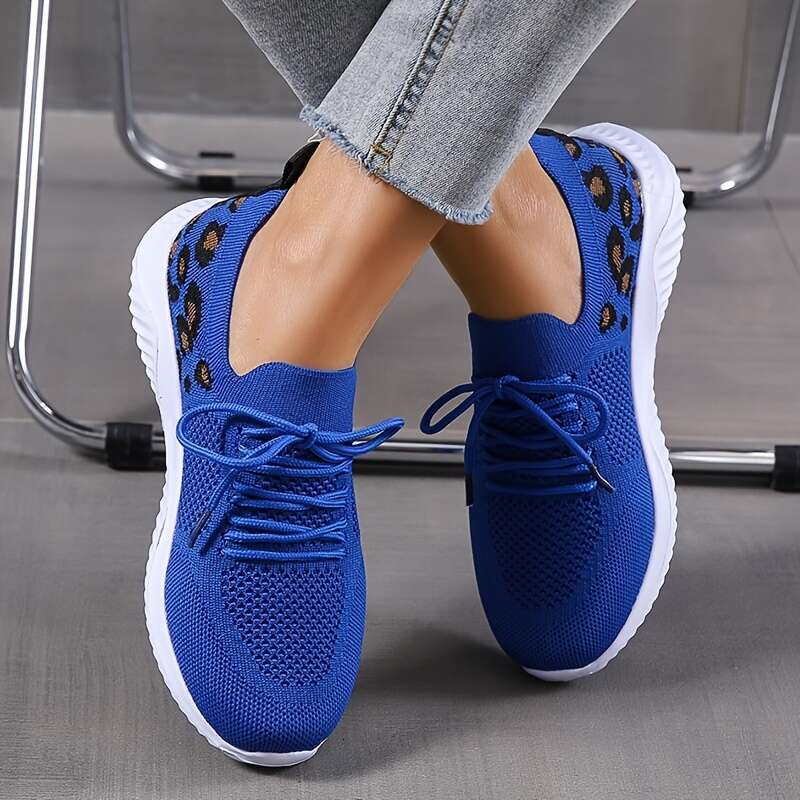 Women's casual sports fly woven leopard print breathable lace up running shoes, women's shoe size