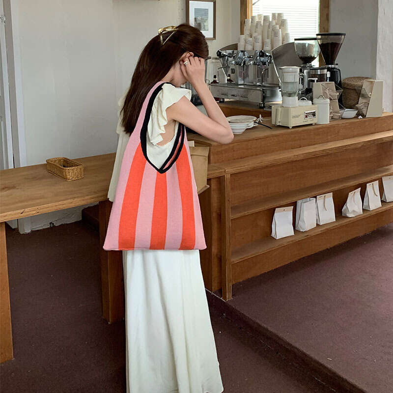 New Knitted Niche Striped Shoulder Simple Fashion Women's Bag Handbag Shopping Bags B2