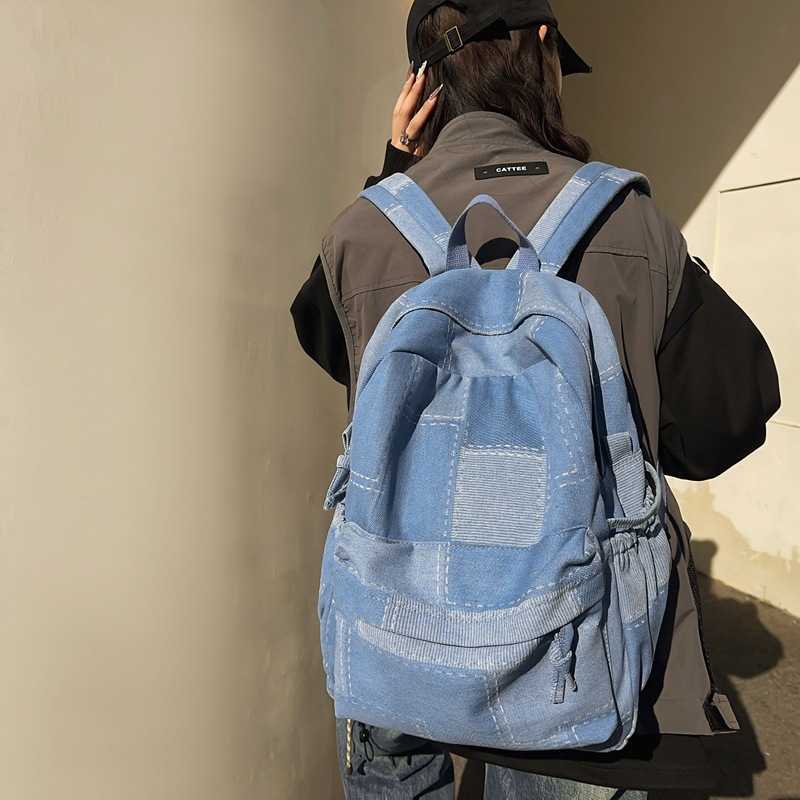 Washed and spliced denim backpack, trendy and versatile for both men and women, lightweight student backpack, travel backpack 241202