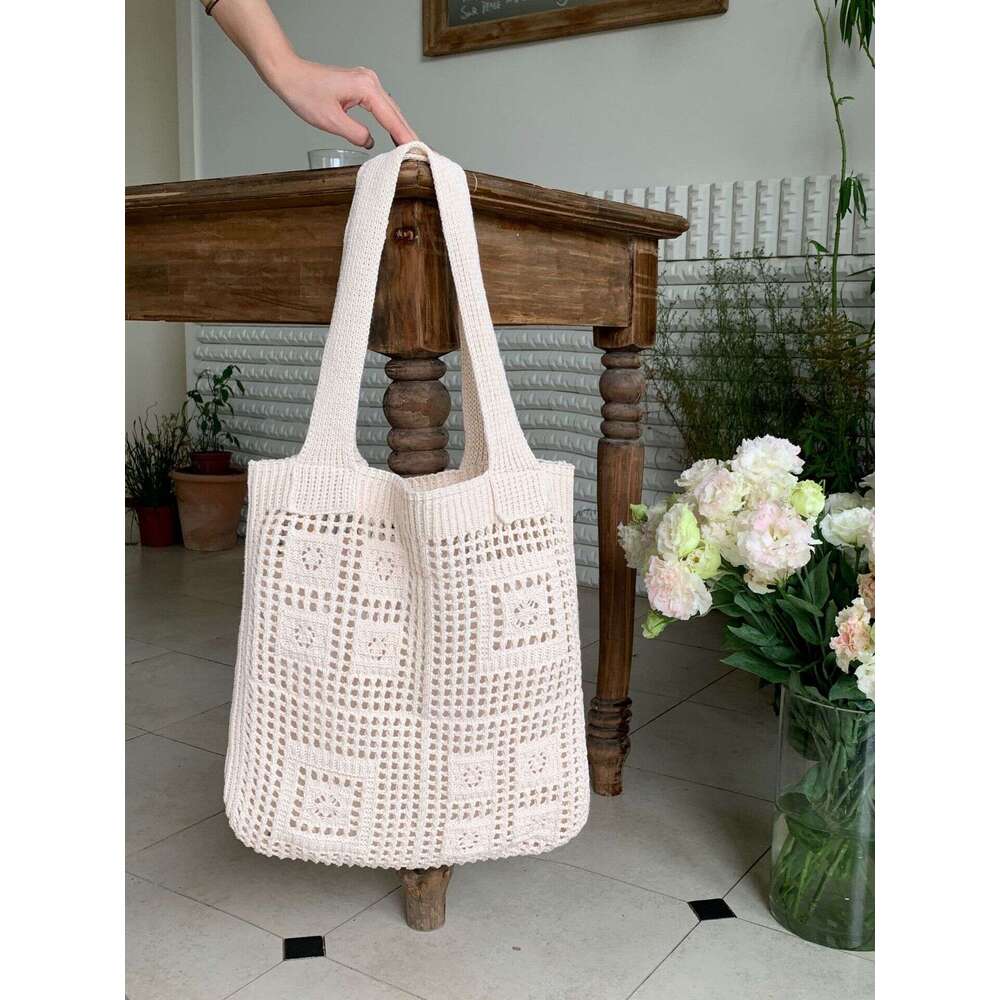 New Retro Mesh Hollow Handmade Knitted Shoulder Woolen Handbag Shopping Bag Women's Bags B1