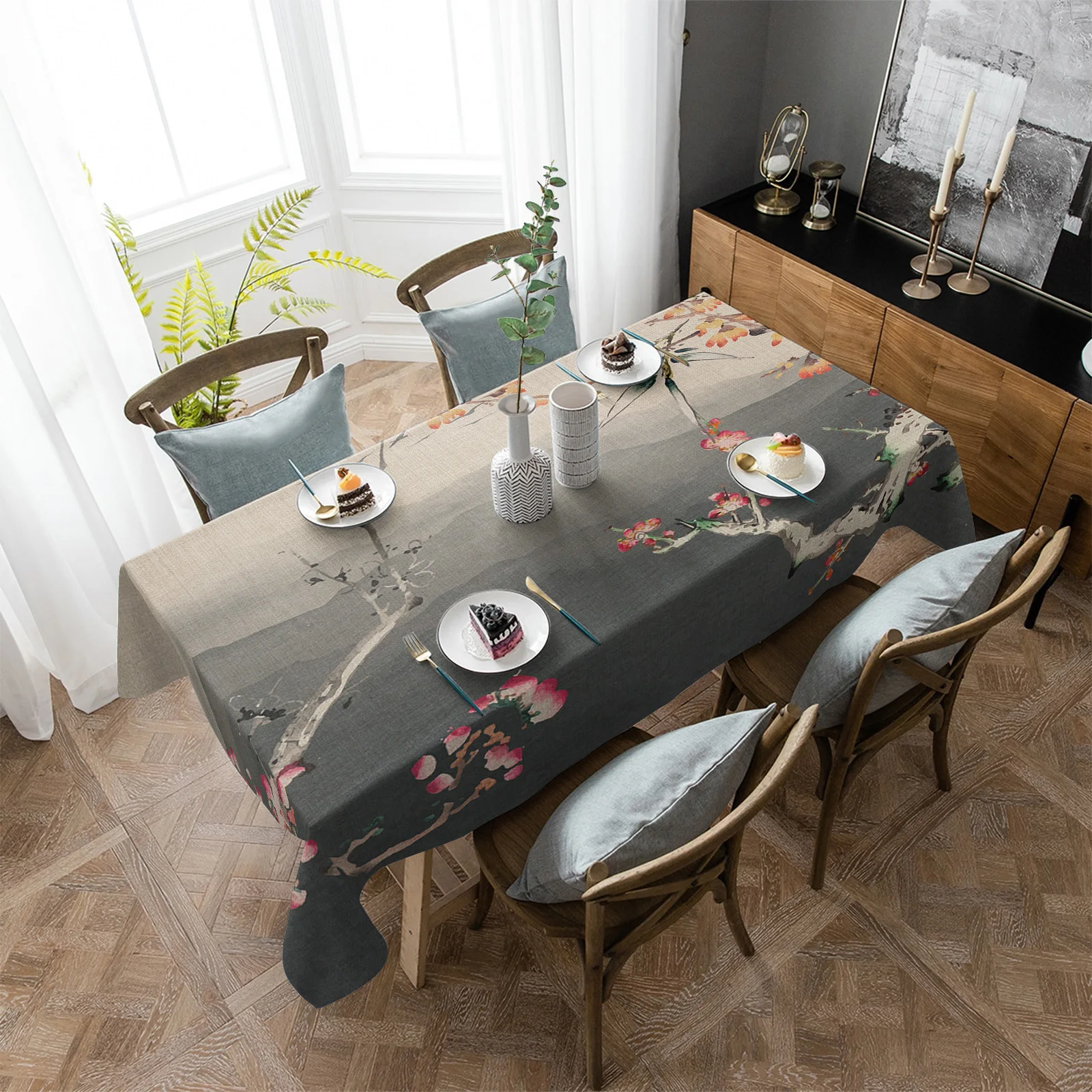 Chinese Painting Plum Blossom Landscape Waterproof Tablecloth Party Decorations Rectangle Table Cloth Kitchen Table Decor 36