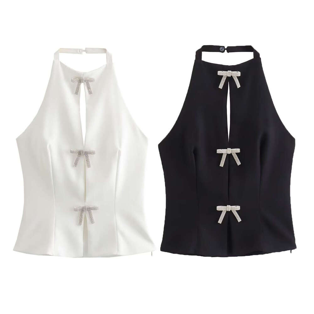 summer bow decoration hanging neck collar slim fit backless vest top for women B88687 2024 new casual versatile fashion clothing