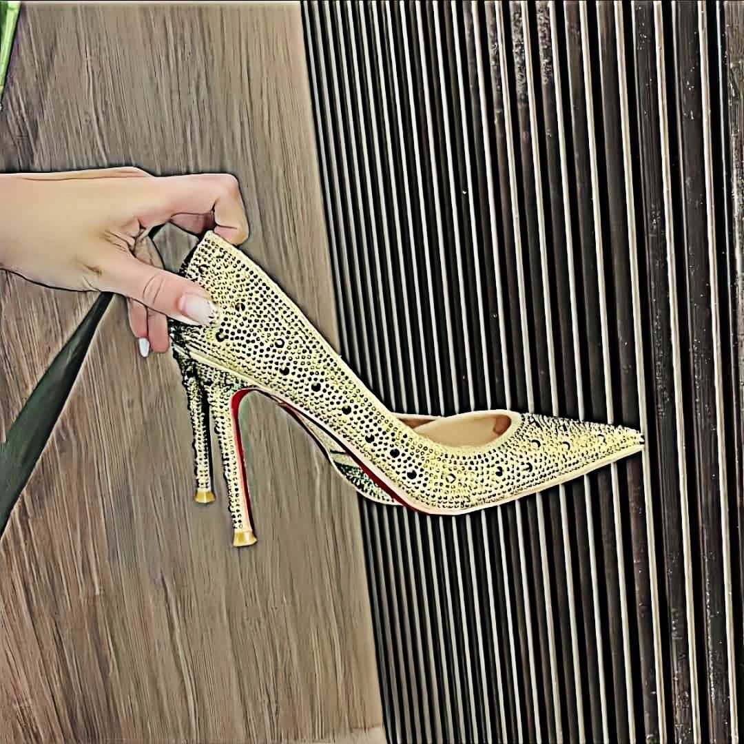 2025 Heels red bottomed shoes Spring and Autumn Winter New Versatile Water Diamond Single Shoe Red Bottom Side Hollow Thin Heel Temperament Womens Hig