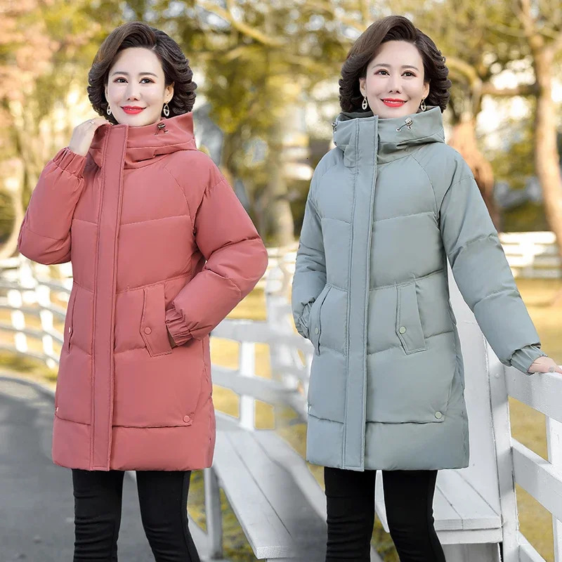 Winter Cotton padded Jacket Hooded solid color fleece thick Parkas Warm Loose Long Overcoat middle aged and Grandma Snow Coat 241120