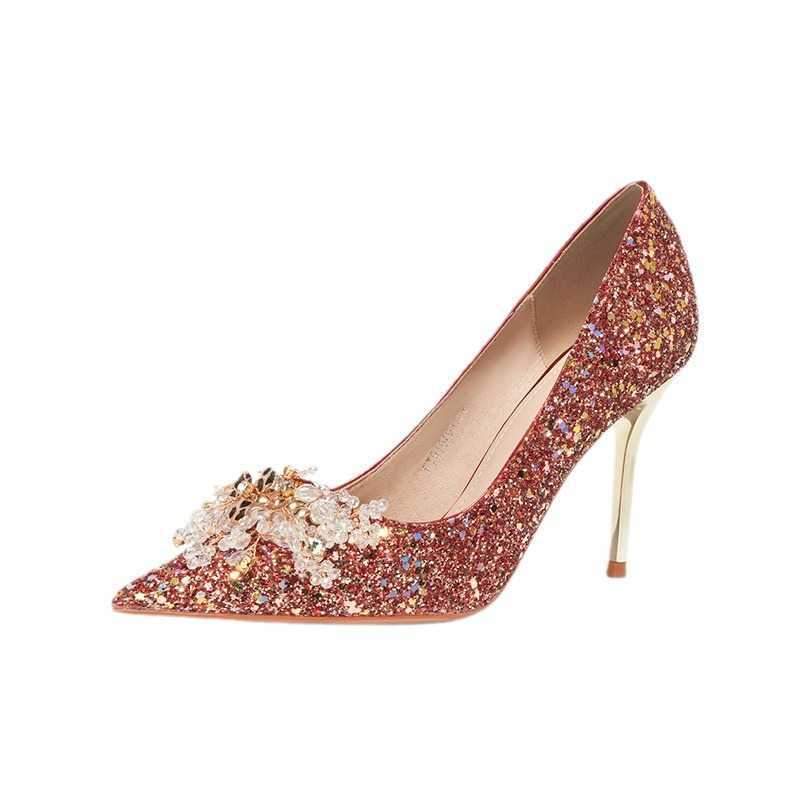 Fashion New Wedding Shoes Celebration Womens High Heels Pointed Red High Heels Banquet Shining Details