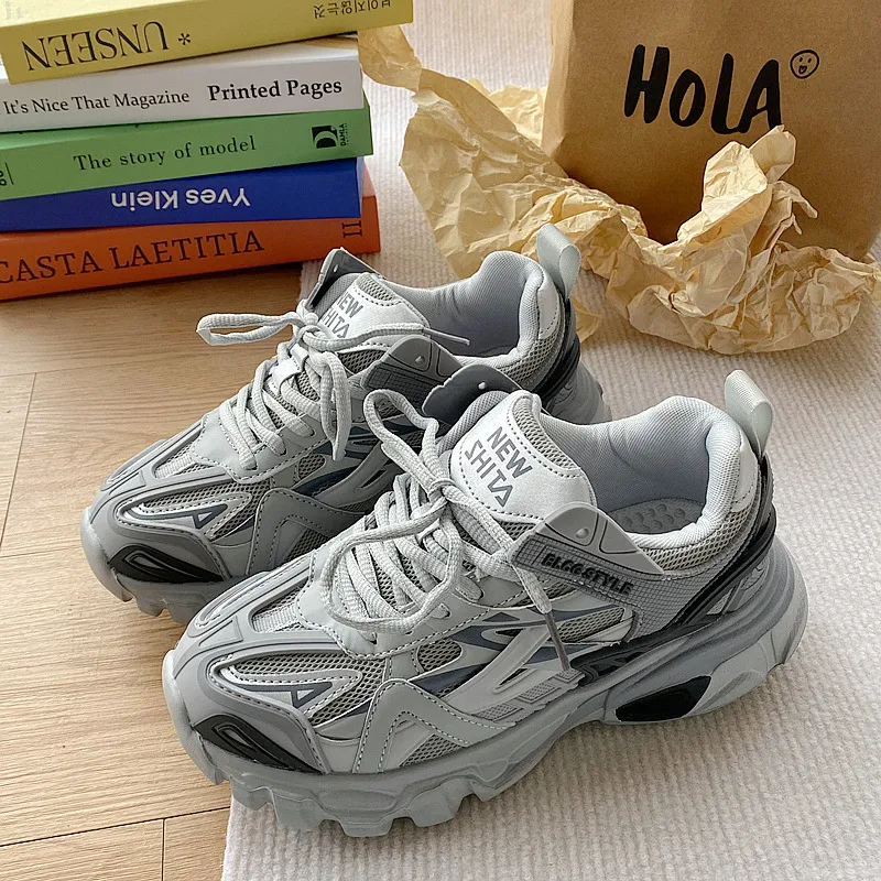 Free shipping all-black chunky sneakers with mesh panel detail thick non-slip sole cushioned insole comfortable trendy versatile casual streetwear sho