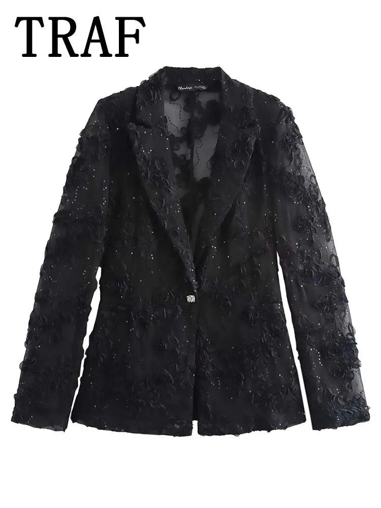 TRAF sequin textured pants set for women 2-piece transparent jacket for women elegant womens clothing 241130