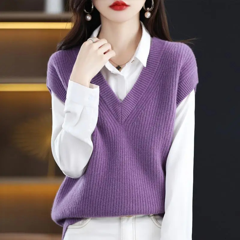 Knitted Jacket Sweater Womens Vest Sleeveless Coat Wool Blended VNeck Pullover Spring Autumn Fashion Top 241121