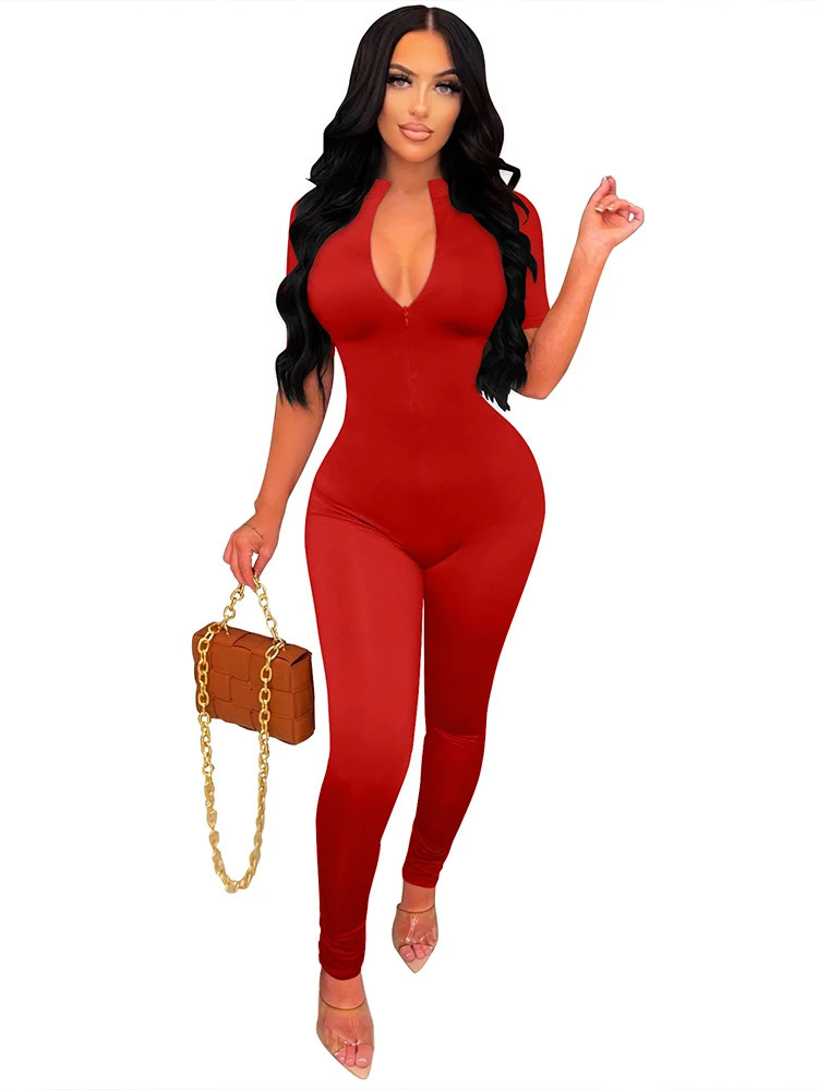 Autumn and Winter Short Sleeve V Neck Bodycon Jumpsuit Full Lengt Romper Jumpsuits 241120