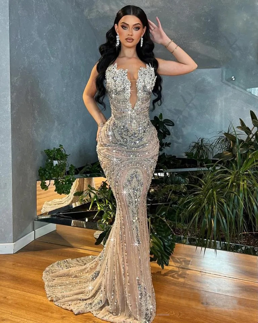 2024 May Aso Ebi Luxurious Mermaid Prom Dress Beaded Crystals Illusion Evening Formal Party Second Reception Birthday Engagement Gowns Dress Robe De S